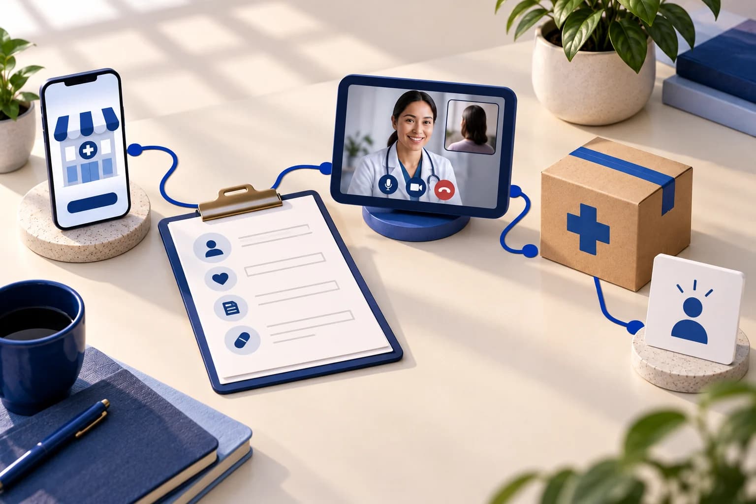 Conceptual editorial illustration showing a branded phone storefront, patient intake, clinician video visit, pharmacy parcel, and confirmation connected by a cobalt-blue path.
