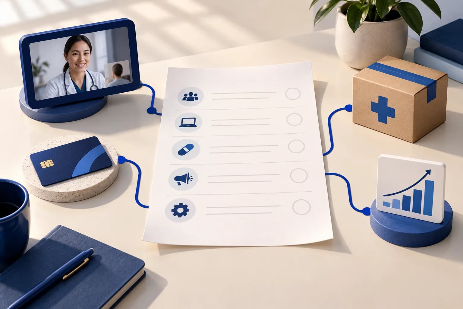 Conceptual editorial illustration of a blank budget sheet connected by blue lines to a clinical visit screen, payment card, pharmacy parcel, and growth chart.