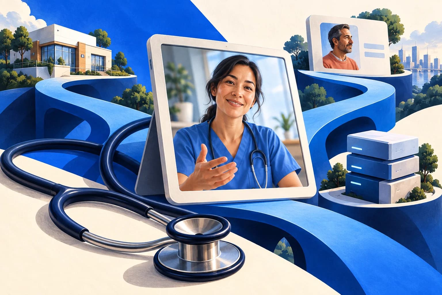 Conceptual illustration of a clinician on a video call, with sweeping blue pathways connecting a clinic, a patient profile, and telehealth infrastructure.