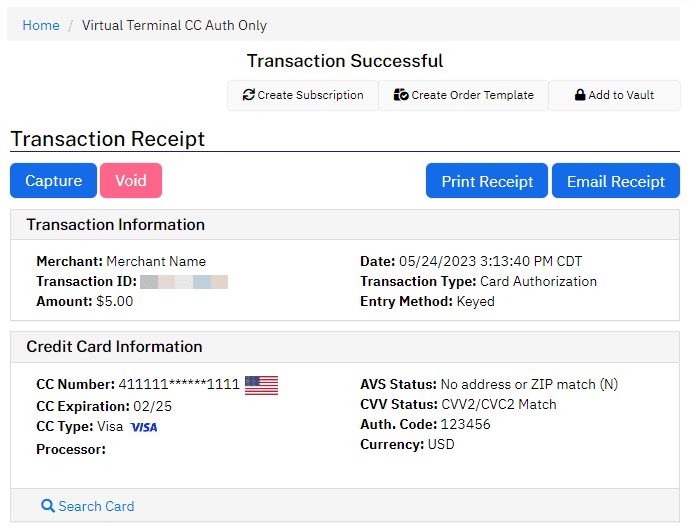 NMI documentation screenshot of a successful card authorization receipt, with separate Capture and Void actions and a transaction type of Card Authorization.
