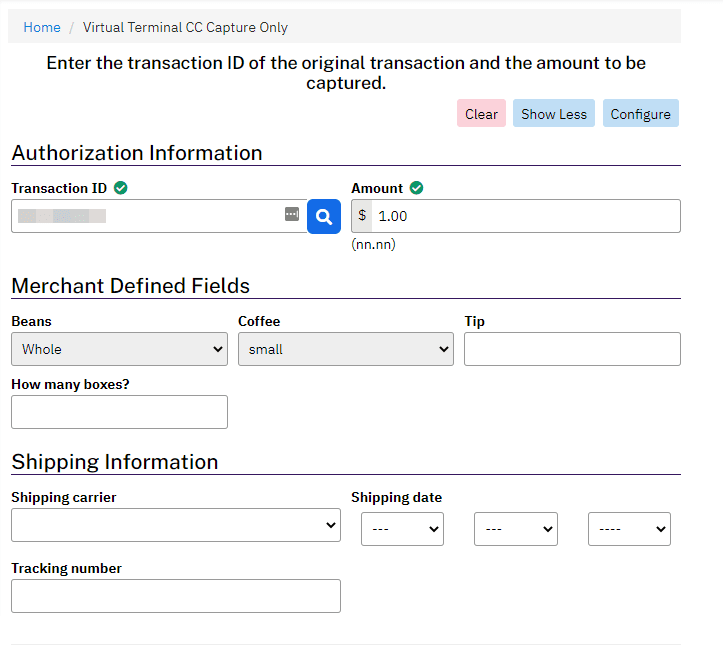 NMI documentation screenshot of the Virtual Terminal capture form, showing the original transaction ID and amount fields above optional merchant and shipping information.