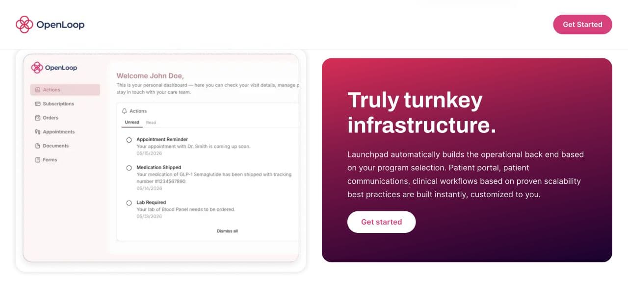 OpenLoop’s public Launchpad page showing a patient-portal preview with subscriptions, orders, appointments, documents, and forms beside its infrastructure description.