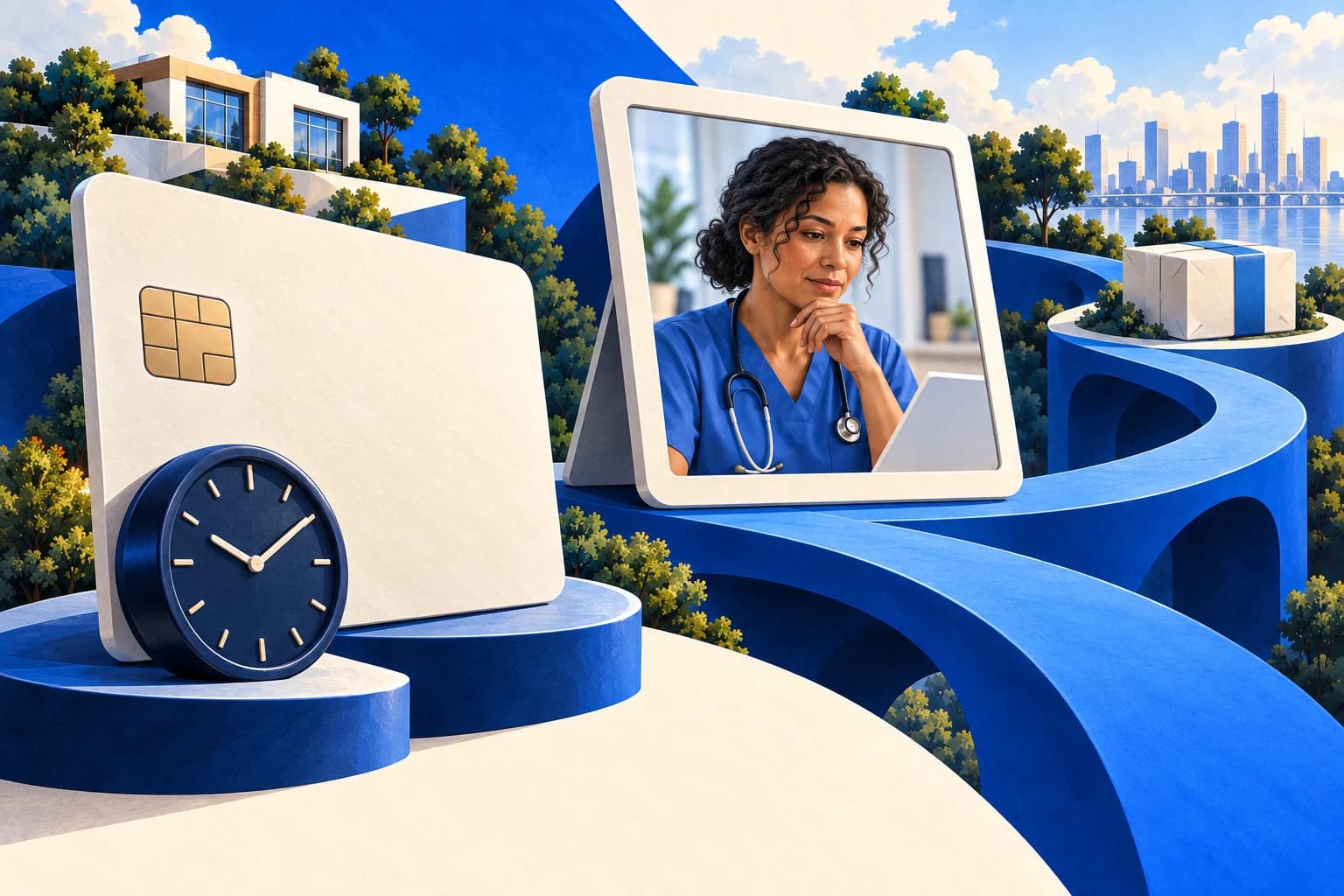 Conceptual editorial illustration of a payment card and clock connected by cobalt pathways to a clinician reviewing a chart and a sealed pharmacy parcel.