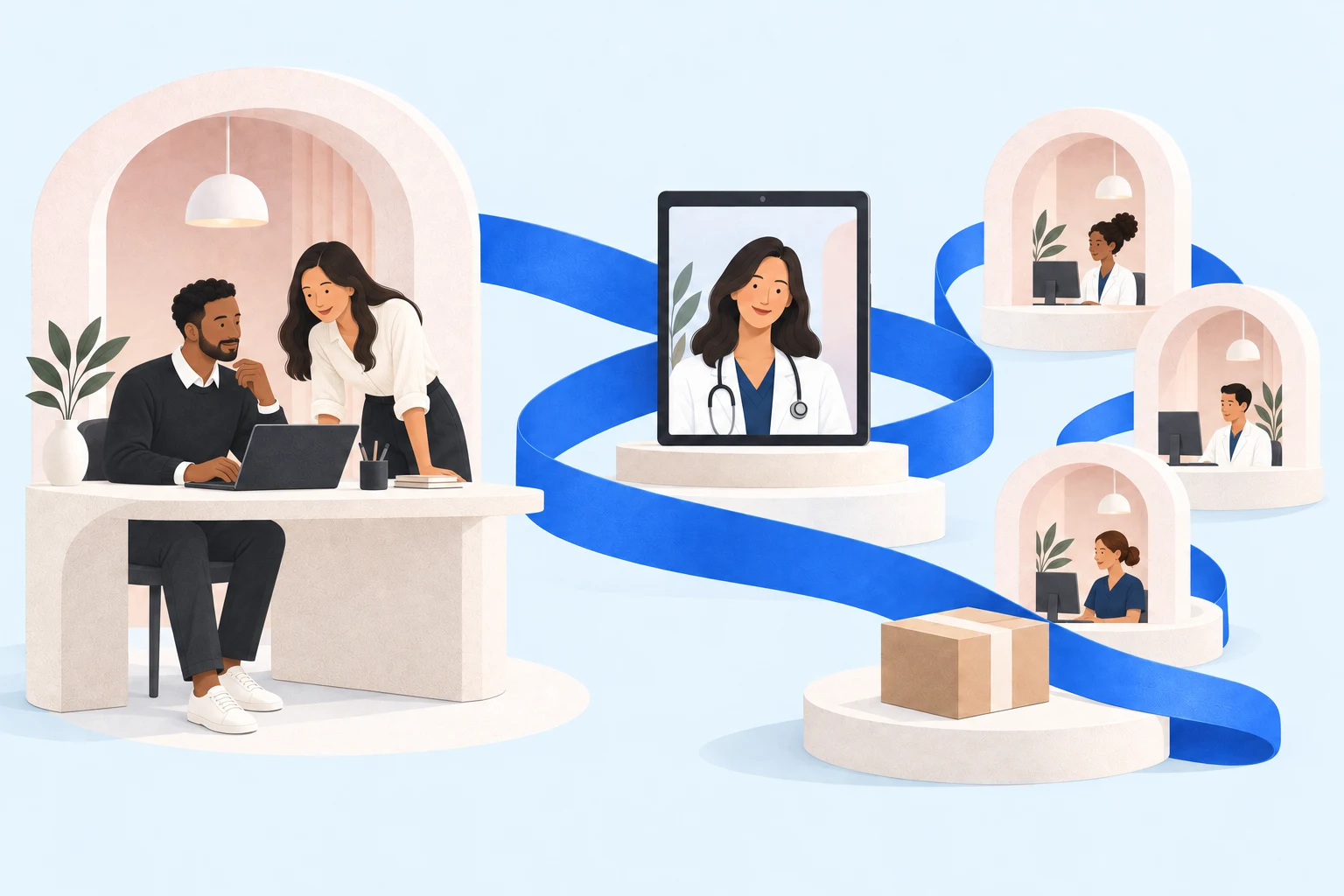 Digital-health operators, a remote clinician, and connected care locations joined by a blue ribbon.